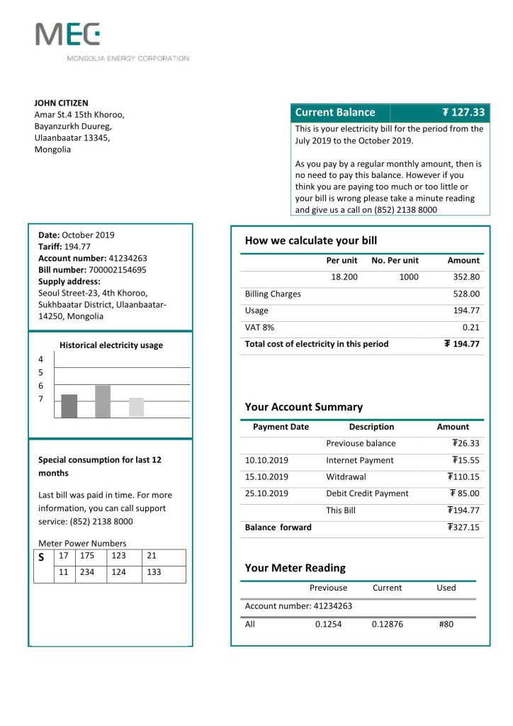 Mongolia Energy Corporation (MEC) electricity utility bill template in Word and PDF format