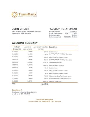 Mongolia Transbank bank statement Excel and PDF template