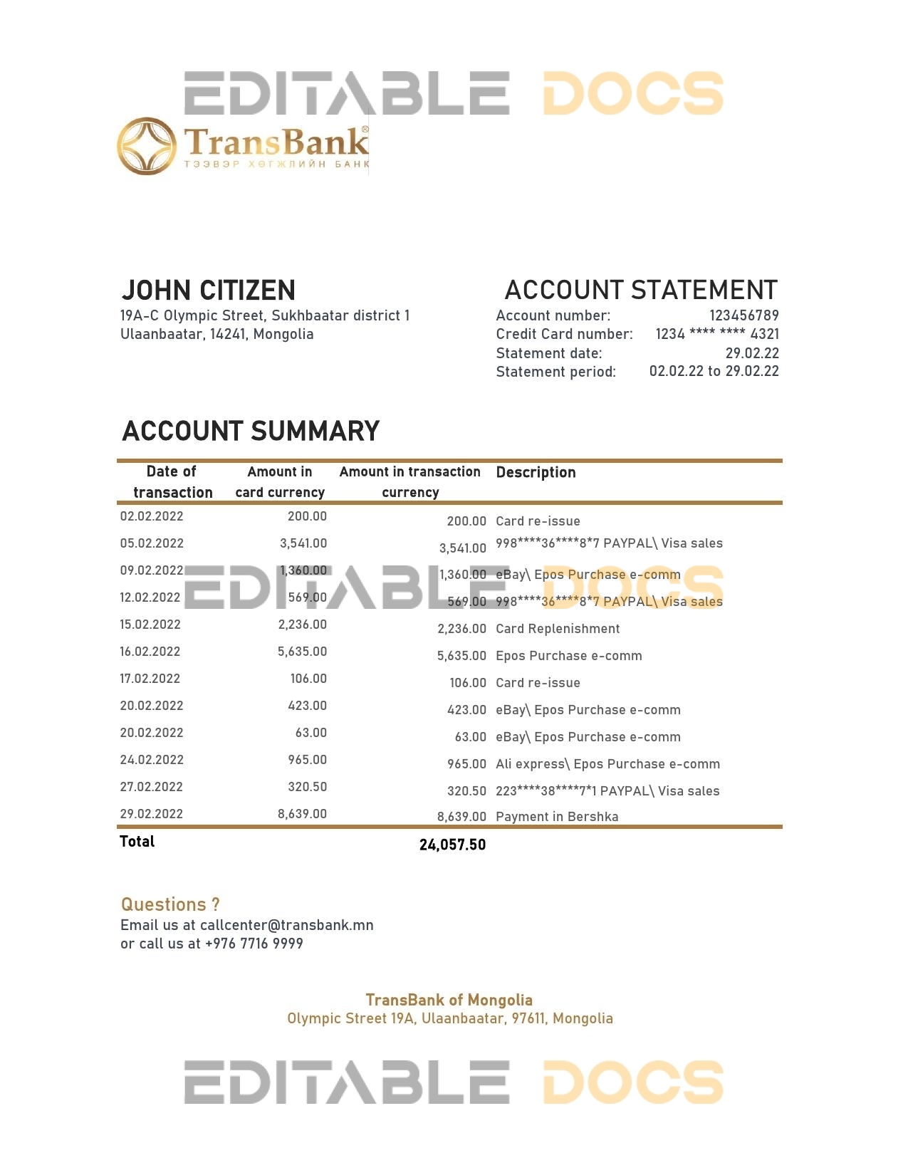 Mongolia Transbank bank statement Excel and PDF template