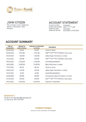 Mongolia Transbank bank statement template in Word and PDF format