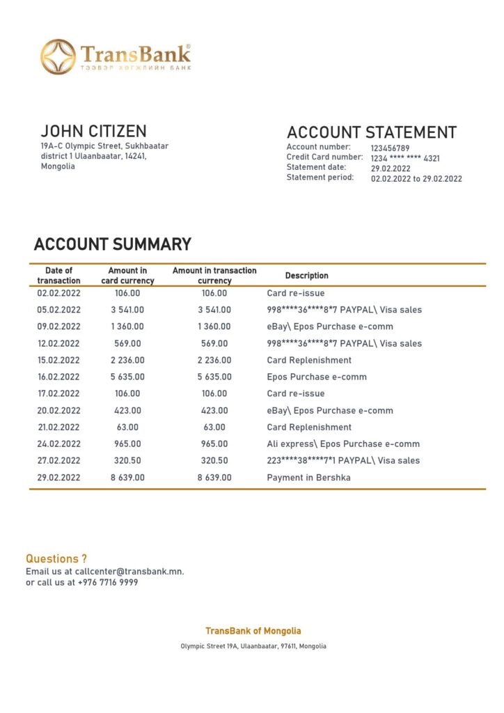 Mongolia Transbank bank statement template in Word and PDF format
