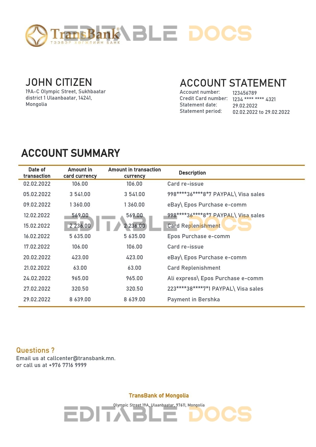 Mongolia Transbank bank statement template in Word and PDF format