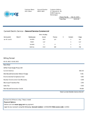 Montenegro Elektroprivreda Crne Gore (EPCG) electricity utility bill template in Word and PDF format