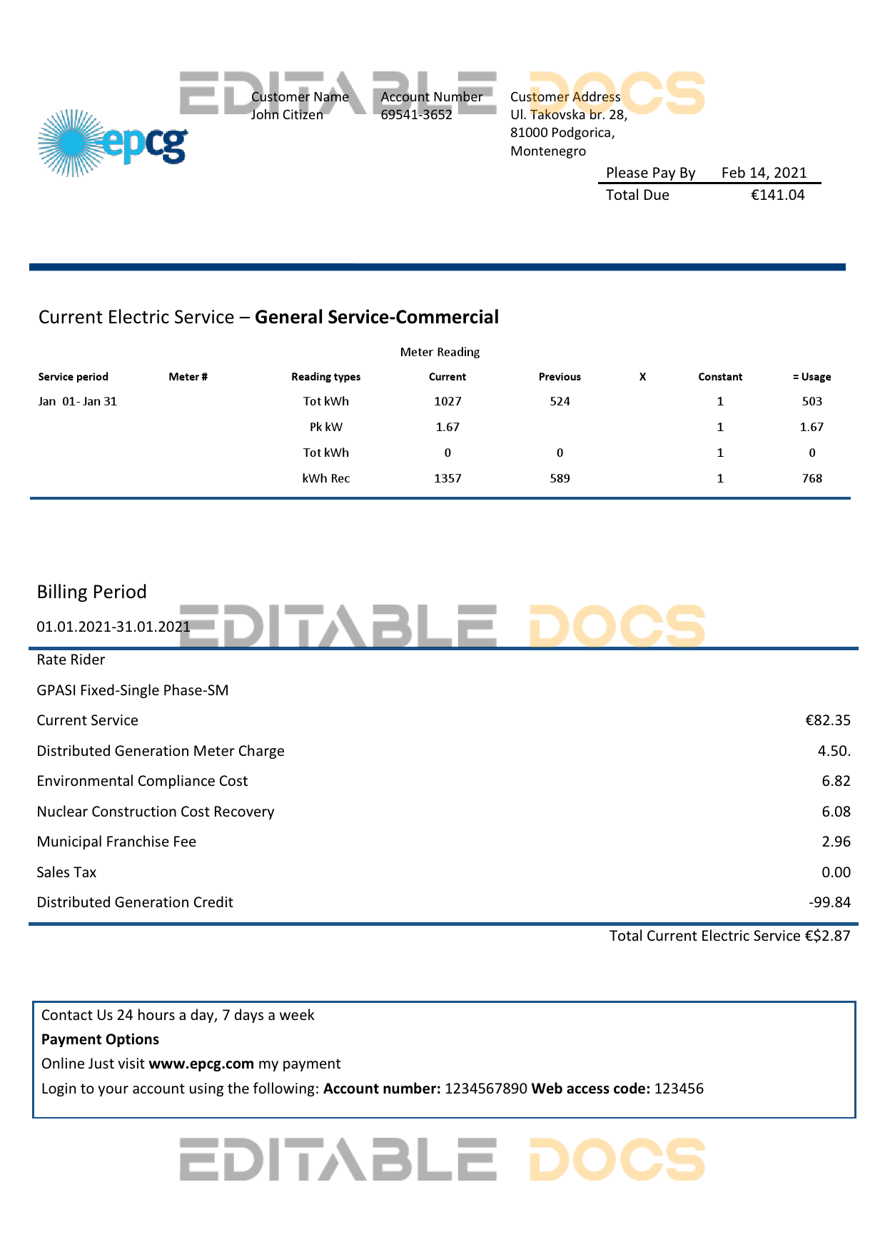 Montenegro Elektroprivreda Crne Gore (EPCG) electricity utility bill template in Word and PDF format