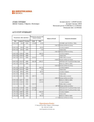 Montenegro Hipotekarna bank statement Excel and PDF template