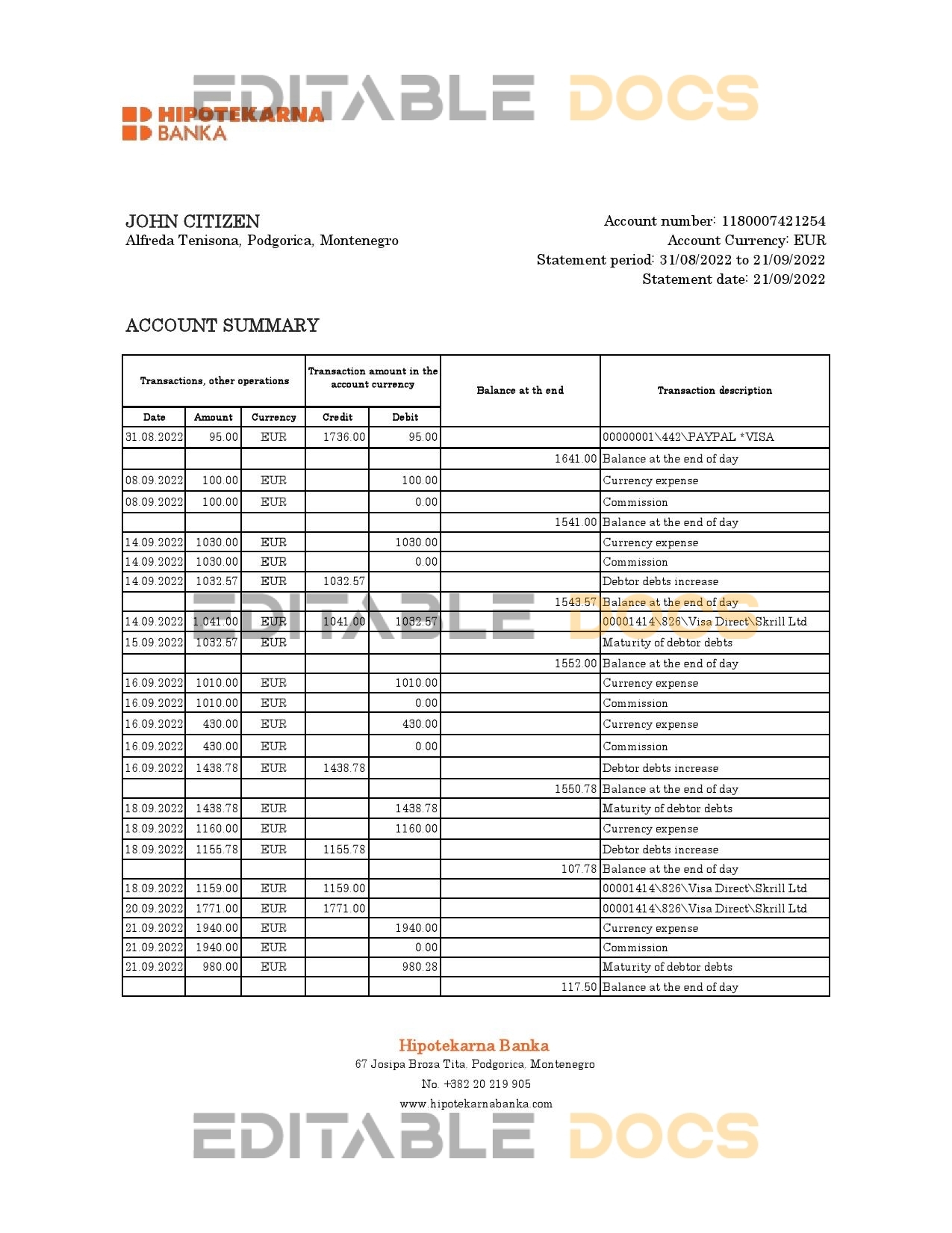 Montenegro Hipotekarna bank statement Excel and PDF template