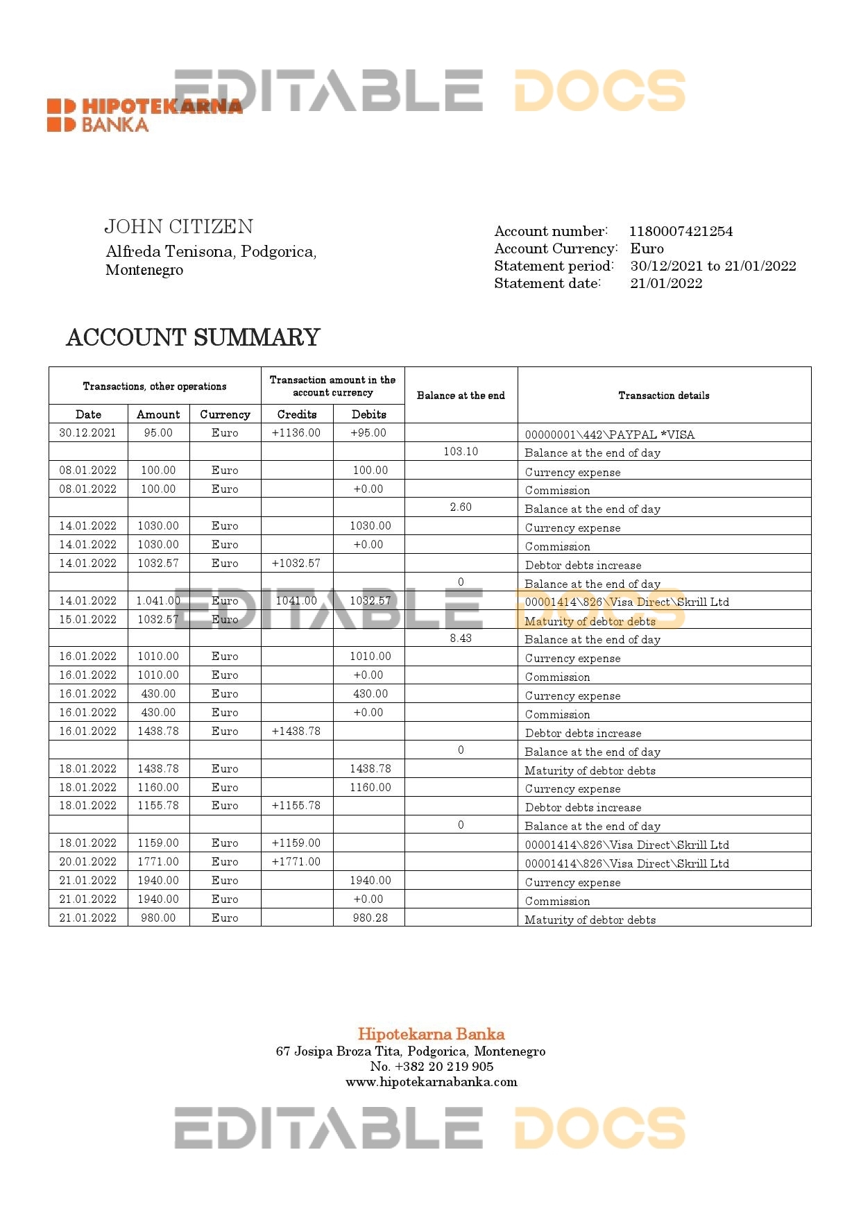 Montenegro Hipotekarna bank statement template, Word and PDF format (.doc and .pdf)