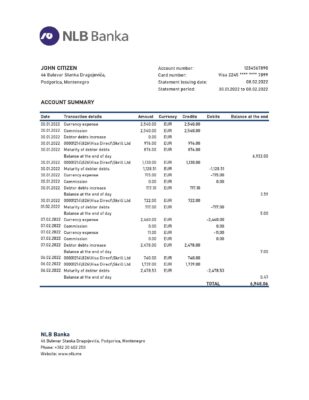 Montenegro NLB bank statement Excel and PDF template