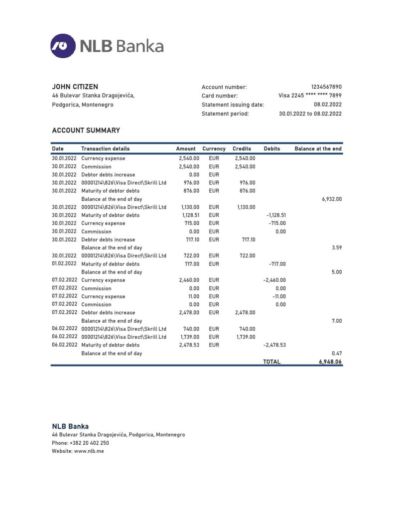 Montenegro NLB bank statement Excel and PDF template