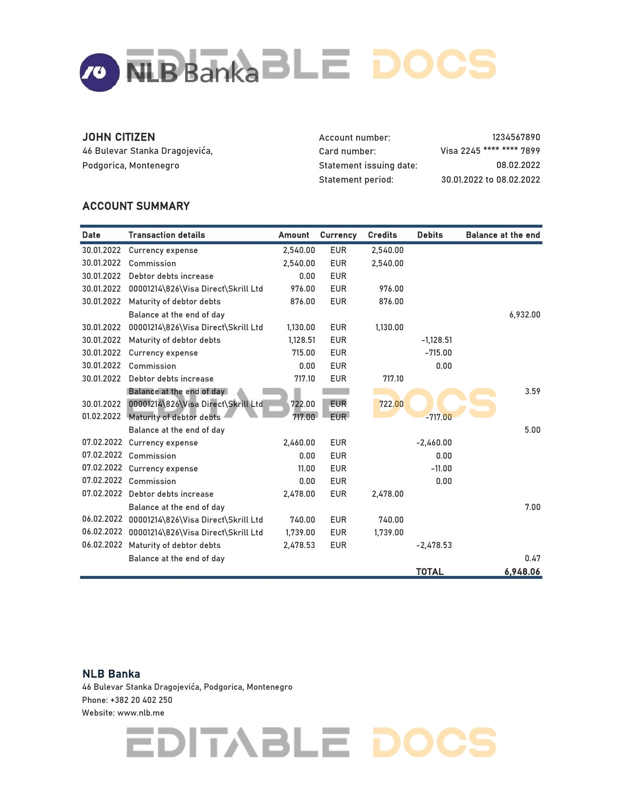 Montenegro NLB bank statement Excel and PDF template
