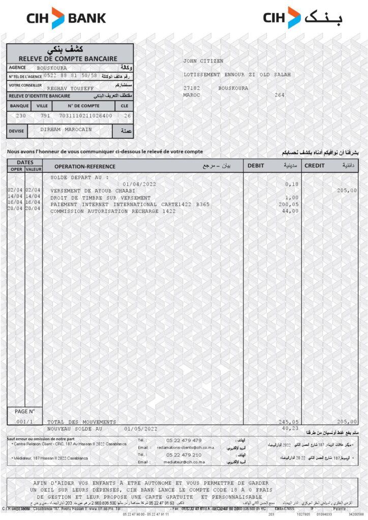 Morocco CIH bank statement Word and PDF template