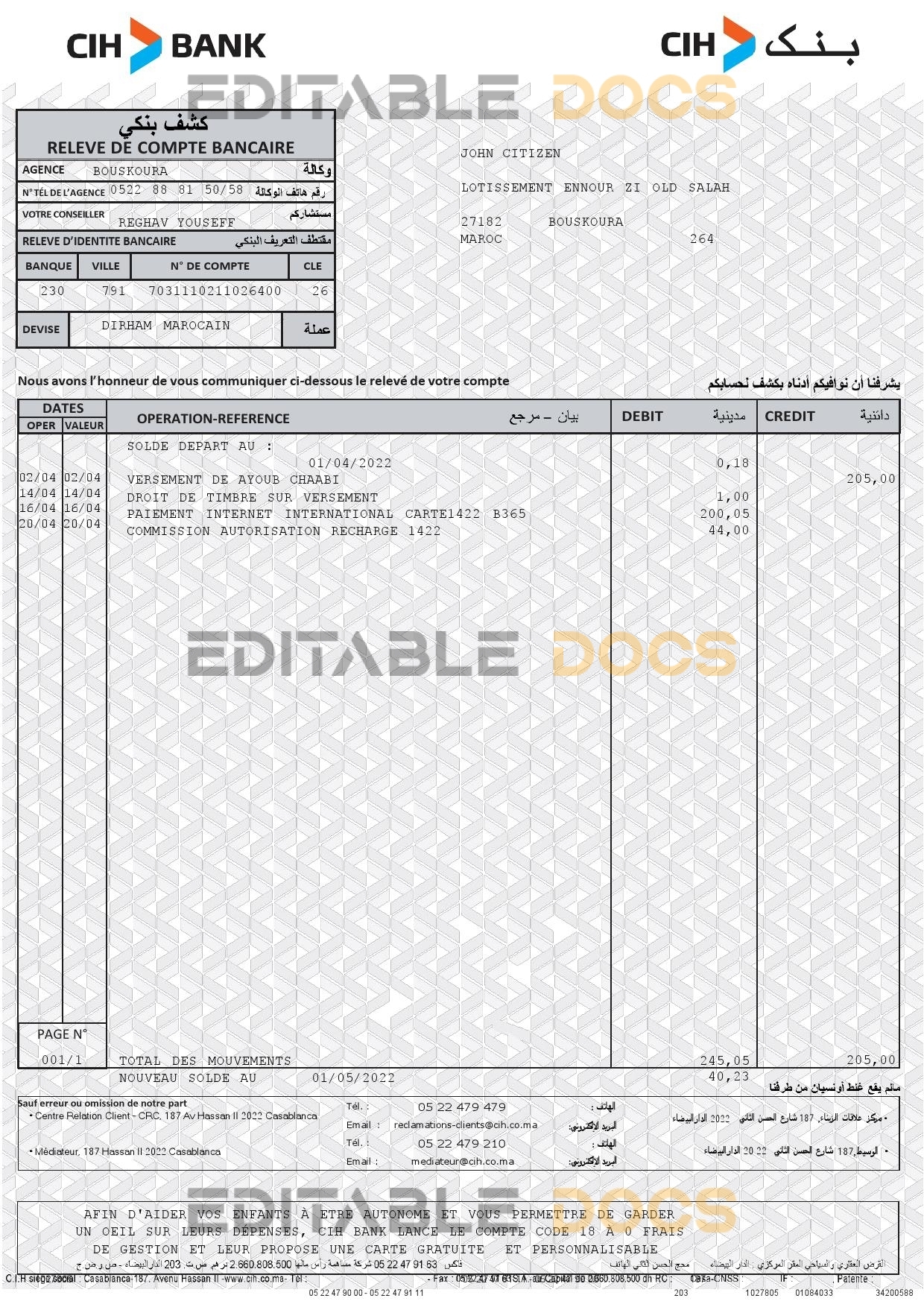Morocco CIH bank statement Word and PDF template
