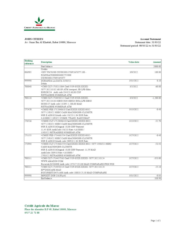 Morocco Credit Agricole bank statement Excel and PDF template
