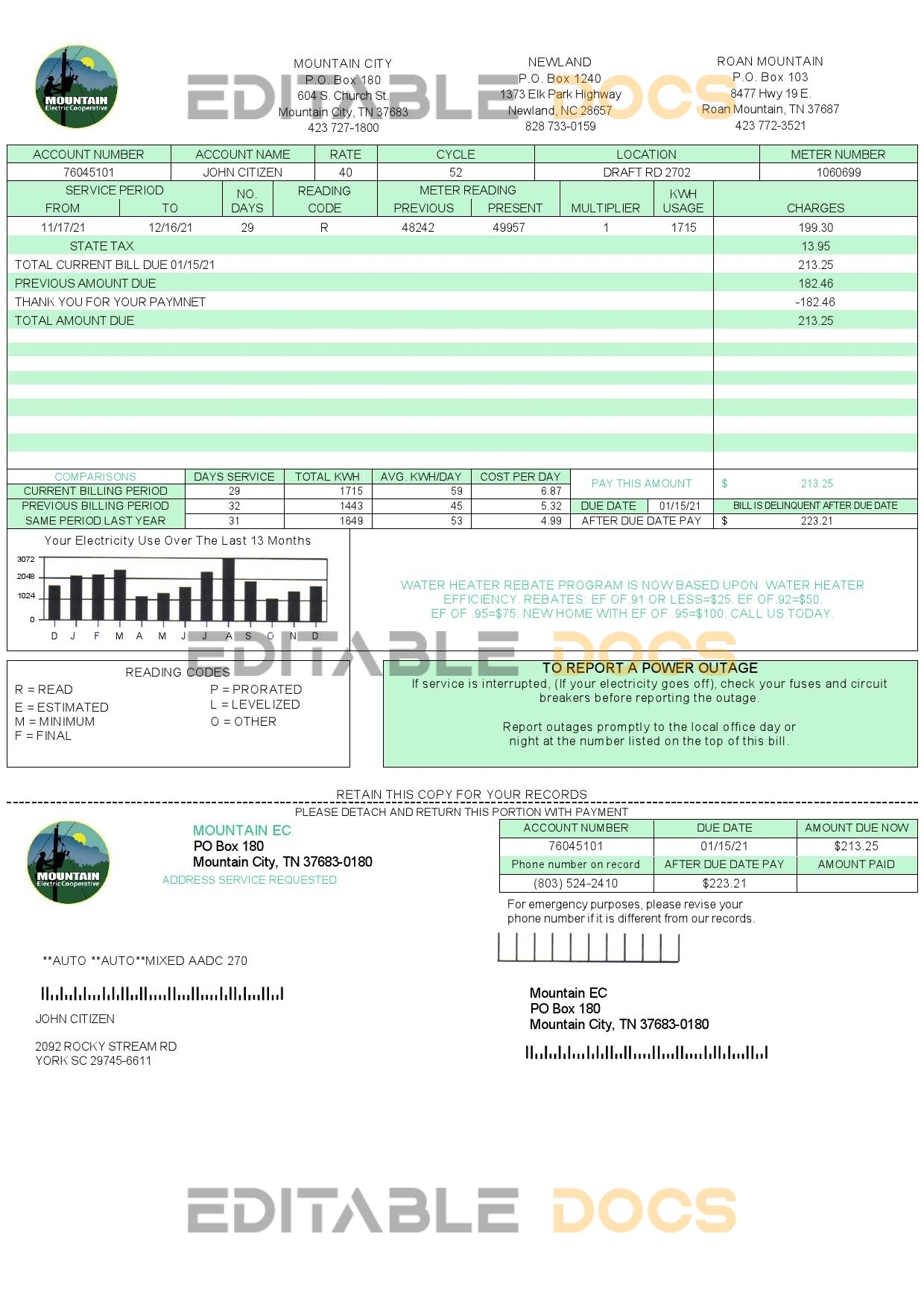 USA Tennessee Mountain Electric Cooperative, Inc. (MEC) utility bill template in Word and PDF format
