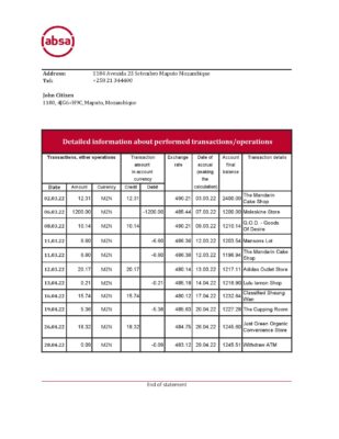 Mozambique ABSA bank statement Excel and PDF template