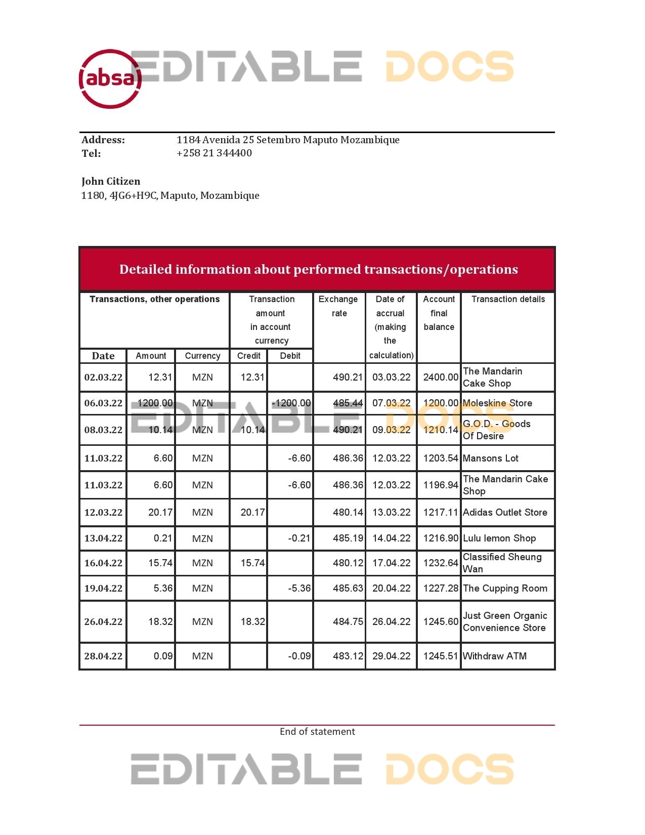 Mozambique ABSA bank statement Excel and PDF template