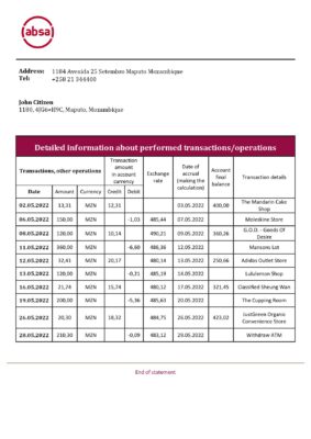 Mozambique ABSA bank statement template in Word and PDF format