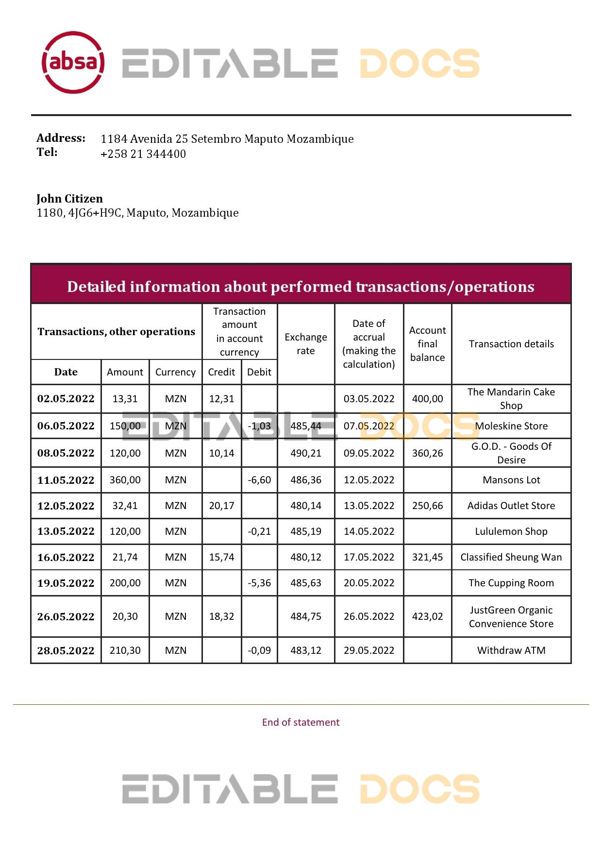 Mozambique ABSA bank statement template in Word and PDF format