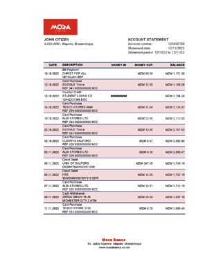 Mozambique Moza bank statement Excel and PDF template