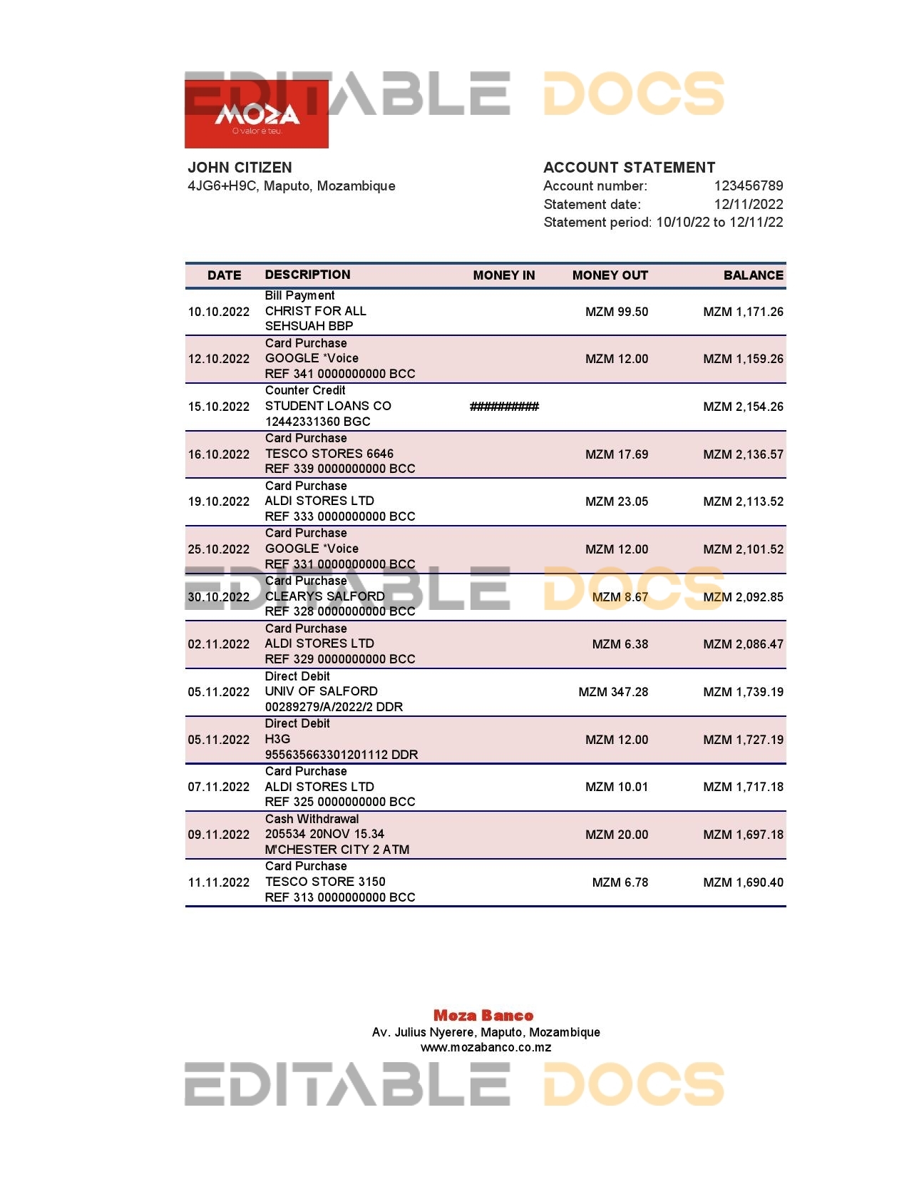 Mozambique Moza bank statement Excel and PDF template