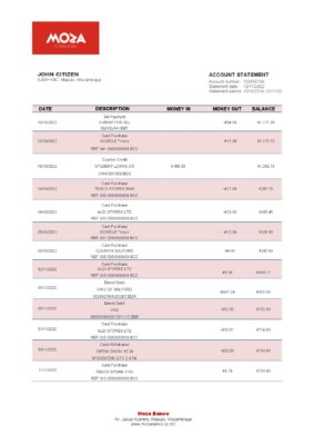 Mozambique Moza bank statement template in Word and PDF format