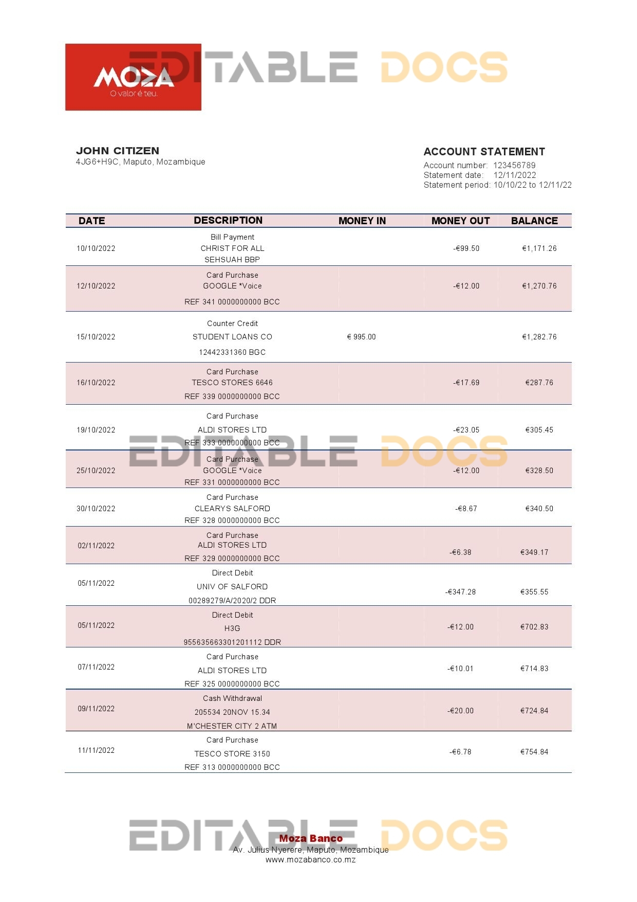 Mozambique Moza bank statement template in Word and PDF format