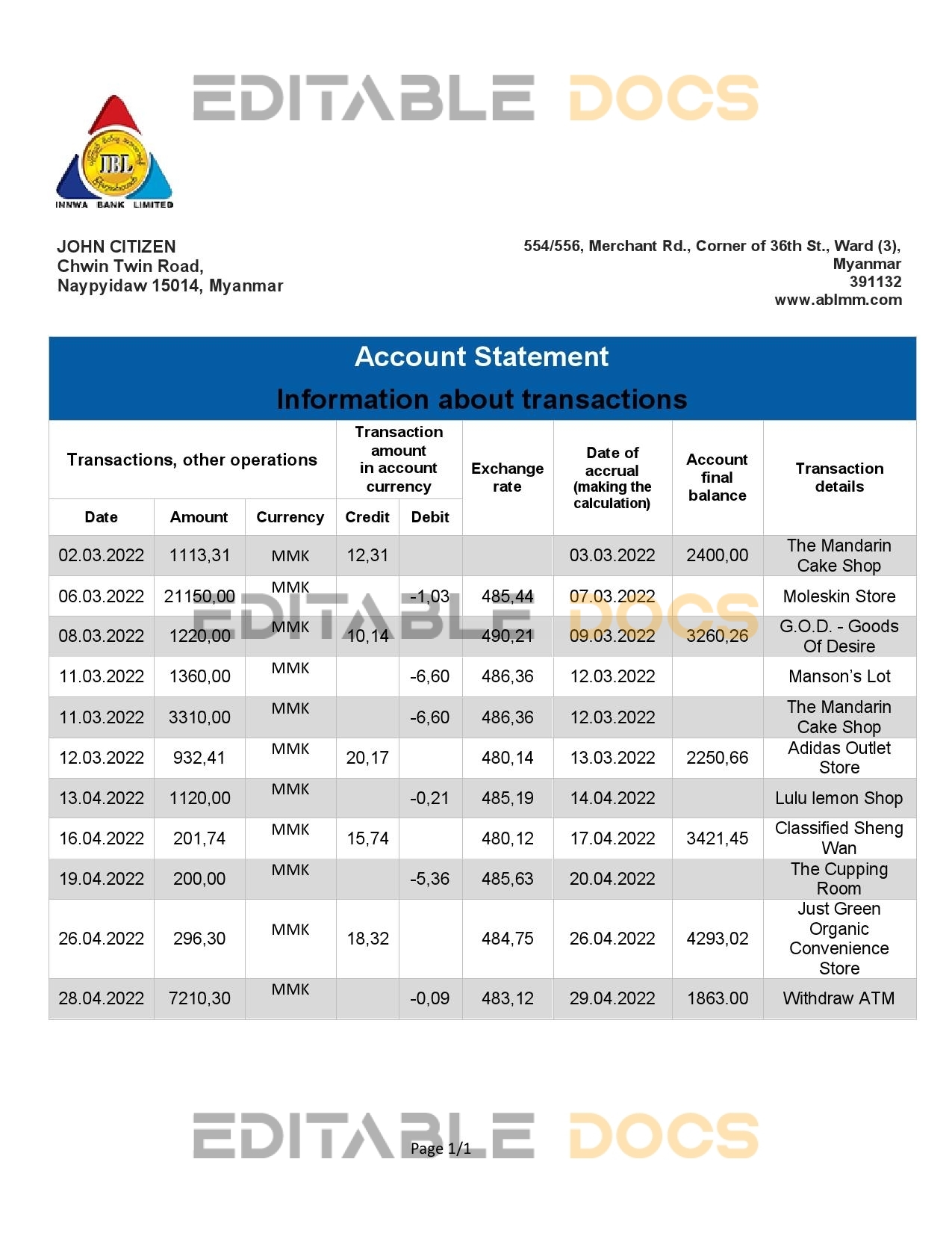 Myanmar Innwa bank statement template in Word and PDF format