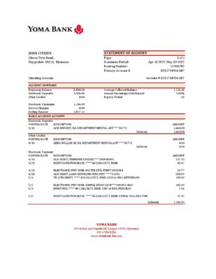 Myanmar Yoma bank statement Excel and PDF template