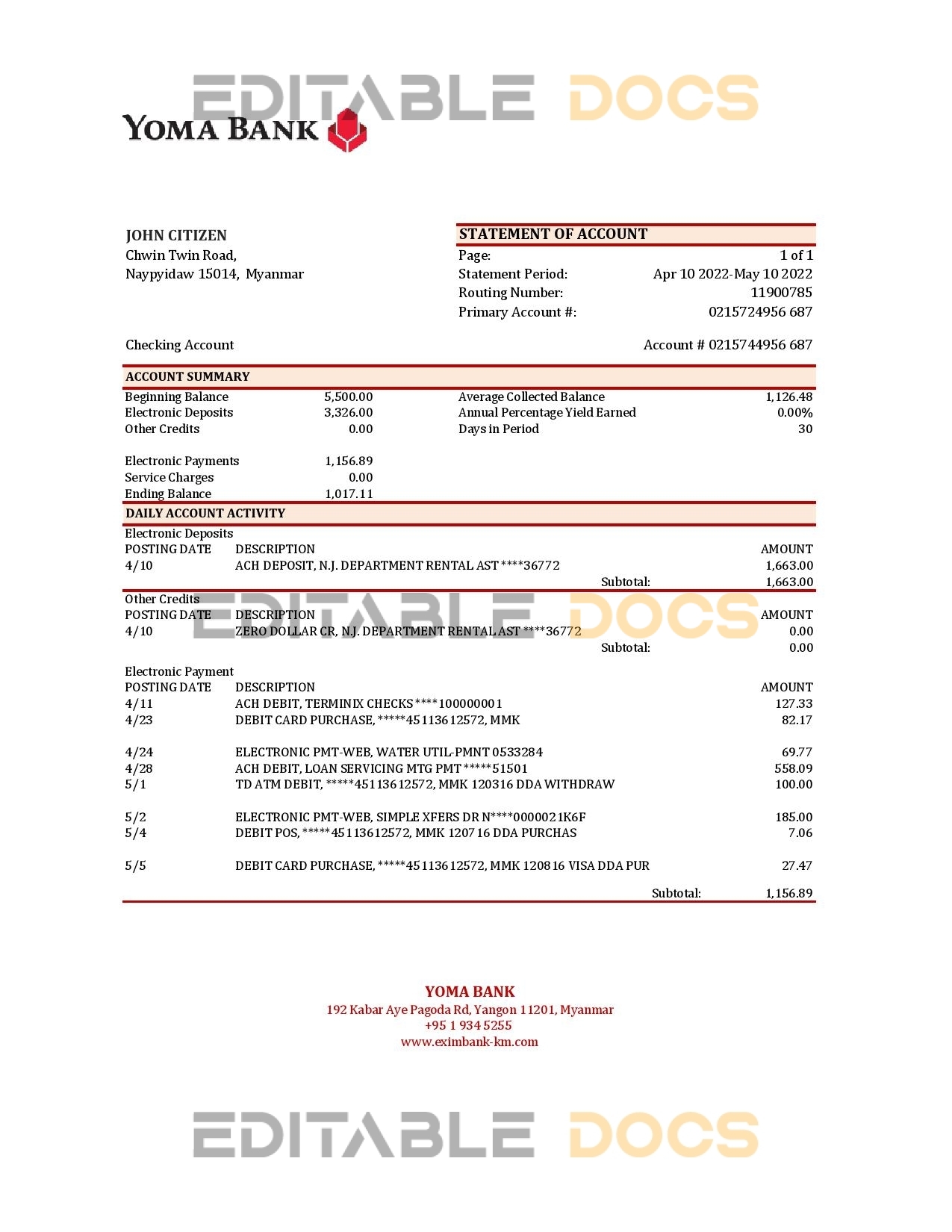 Myanmar Yoma bank statement Excel and PDF template