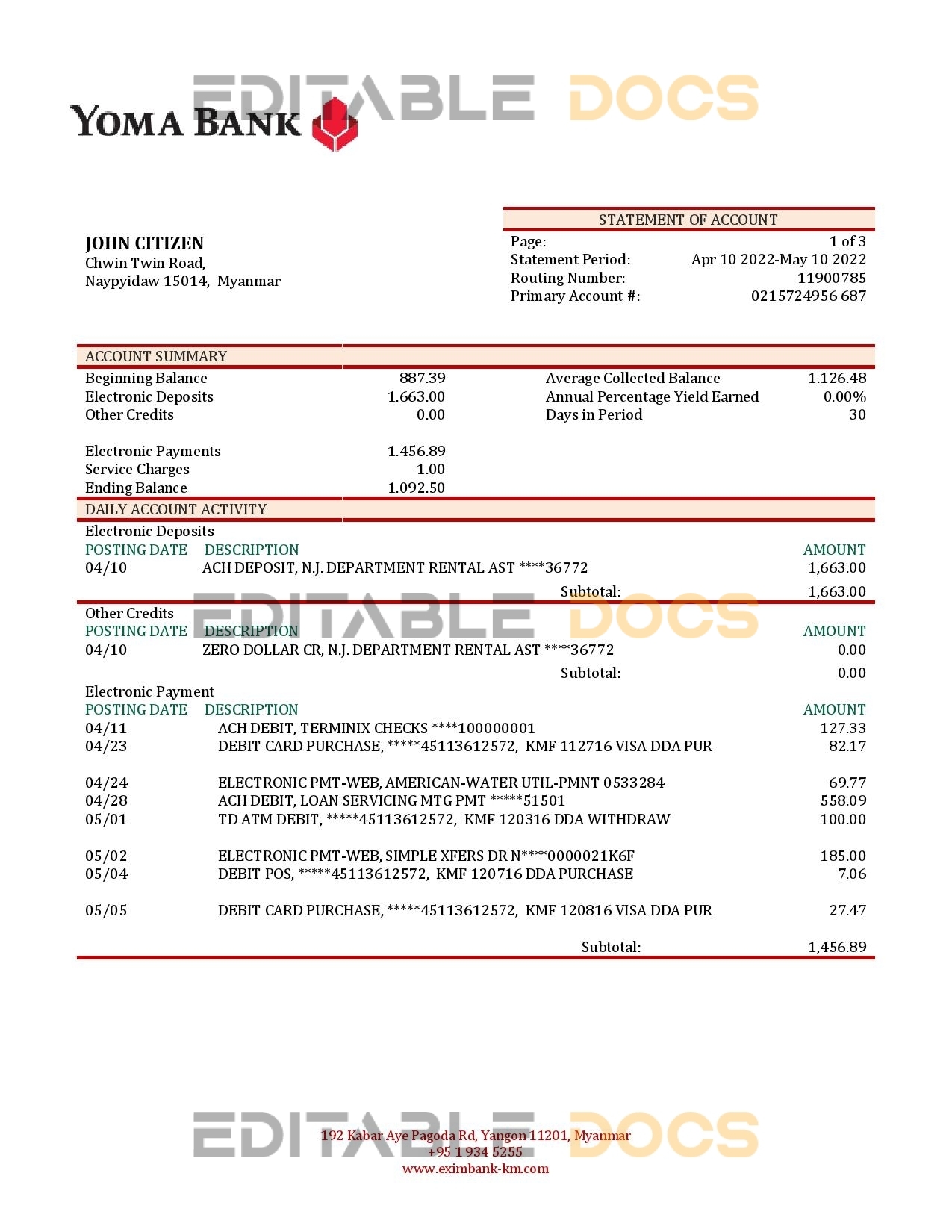 Myanmar Yoma bank statement template in Word and PDF format