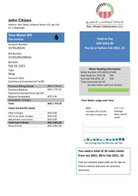 United Arab Emirates Abu Dhabi Distribution water utility bill template in Word and PDF format