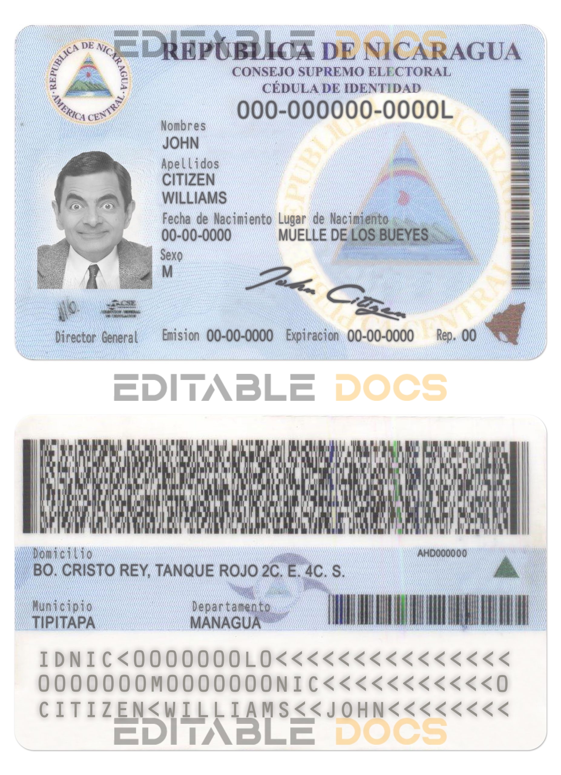 Nicaragua identity card PSD template, with fonts