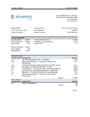 Namibia Atlantico bank statement Excel and PDF template
