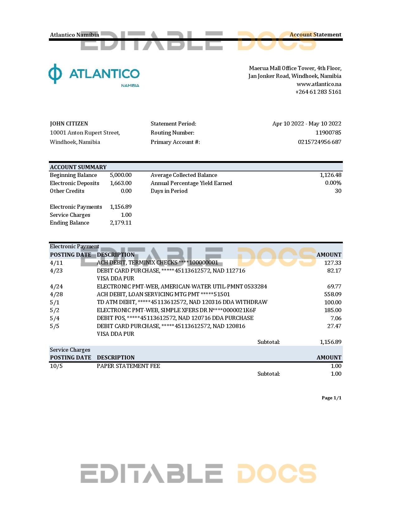 Namibia Atlantico bank statement Excel and PDF template