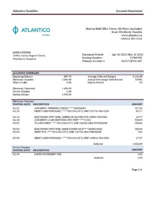 Namibia Atlantico bank statement template in Word and PDF format