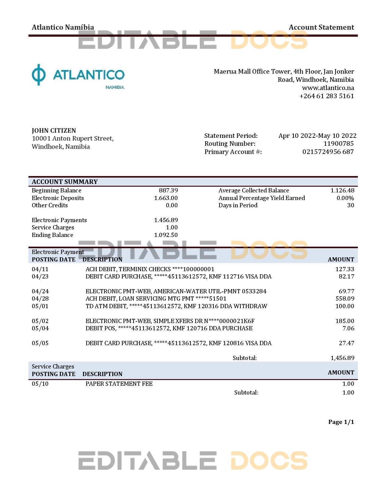 Namibia Atlantico bank statement template in Word and PDF format
