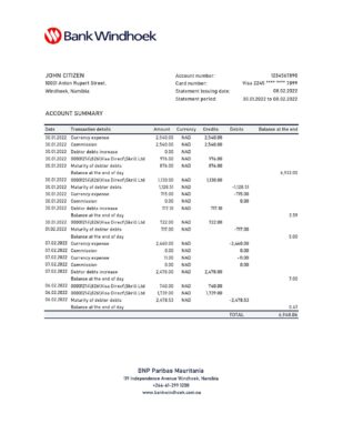 Namibia Bank Windhoek bank statement Excel and PDF template
