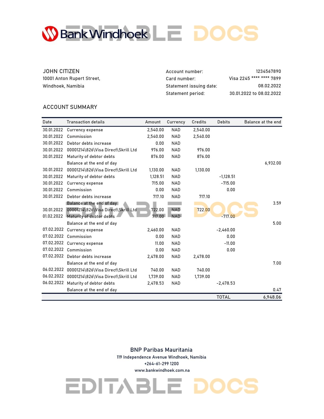 Namibia Bank Windhoek bank statement Excel and PDF template