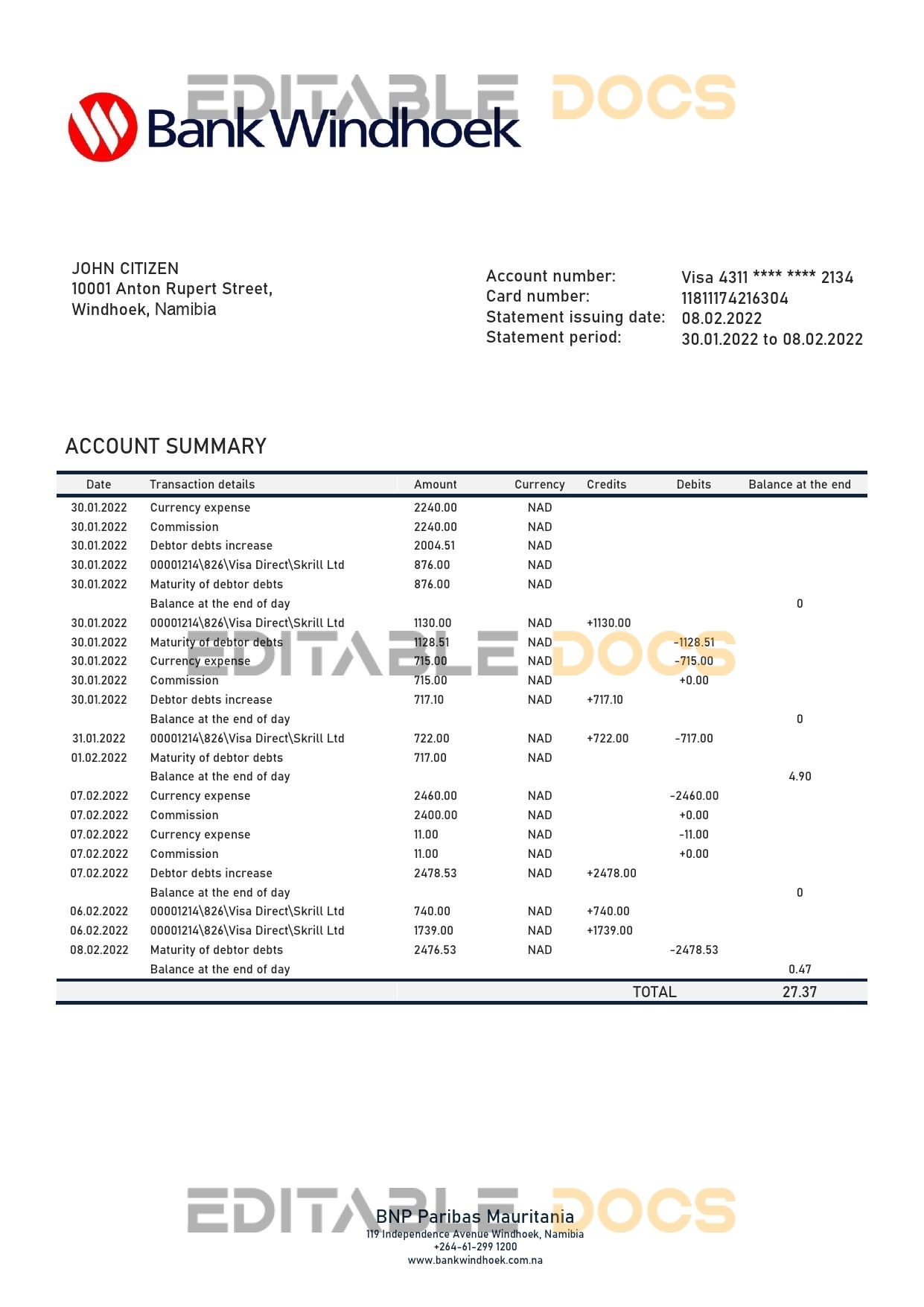 Namibia Bank Windhoek bank statement template in Word and PDF format