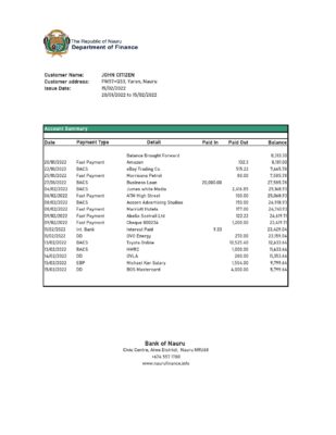 Nauru Bank of Nauru bank statement Excel and PDF template