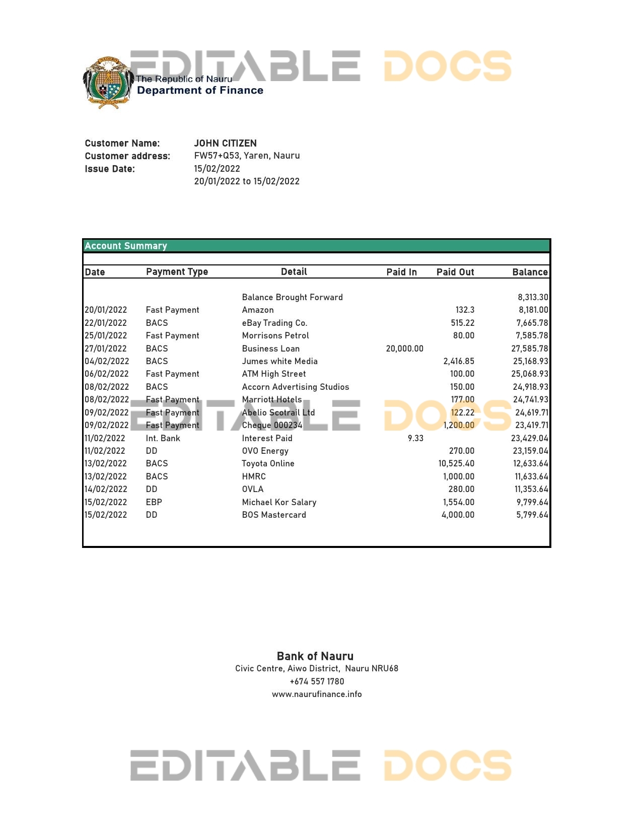 Nauru Bank of Nauru bank statement Excel and PDF template