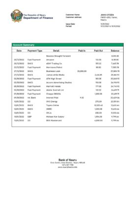 Nauru Bank of Nauru bank statement template in Word and PDF format