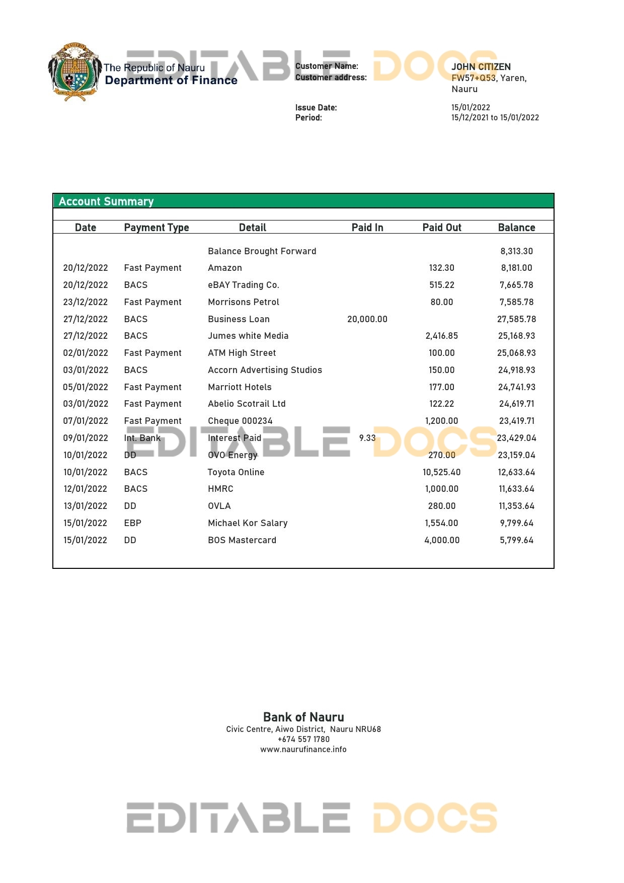 Nauru Bank of Nauru bank statement template in Word and PDF format