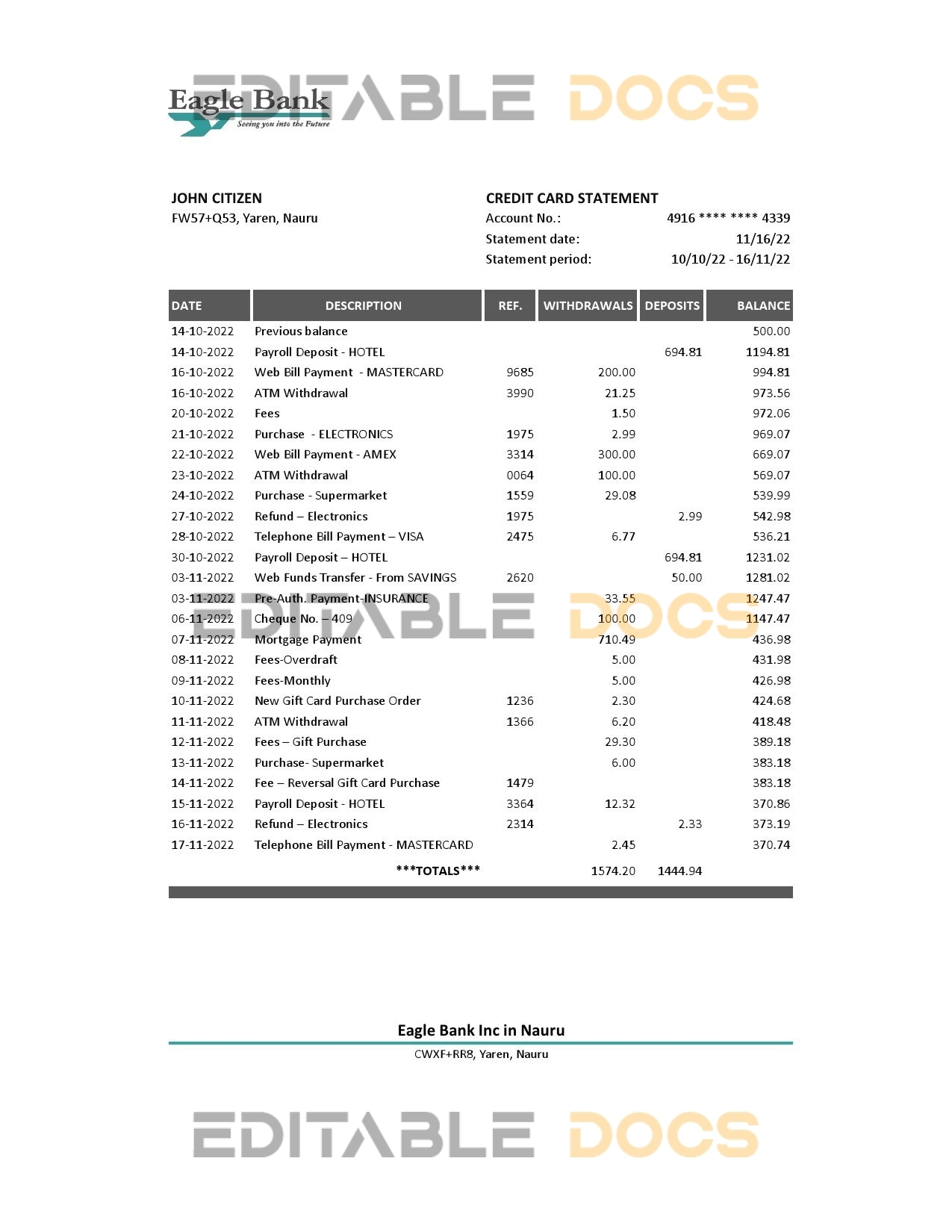 Nauru Eagle bank statement Excel and PDF template