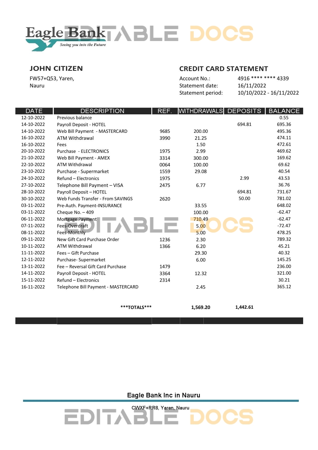 Nauru Eagle bank statement template in Word and PDF format