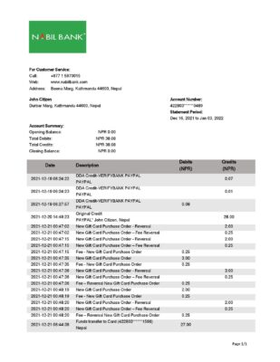 Nepal Nabil Bank bank statement template in Word and PDF format