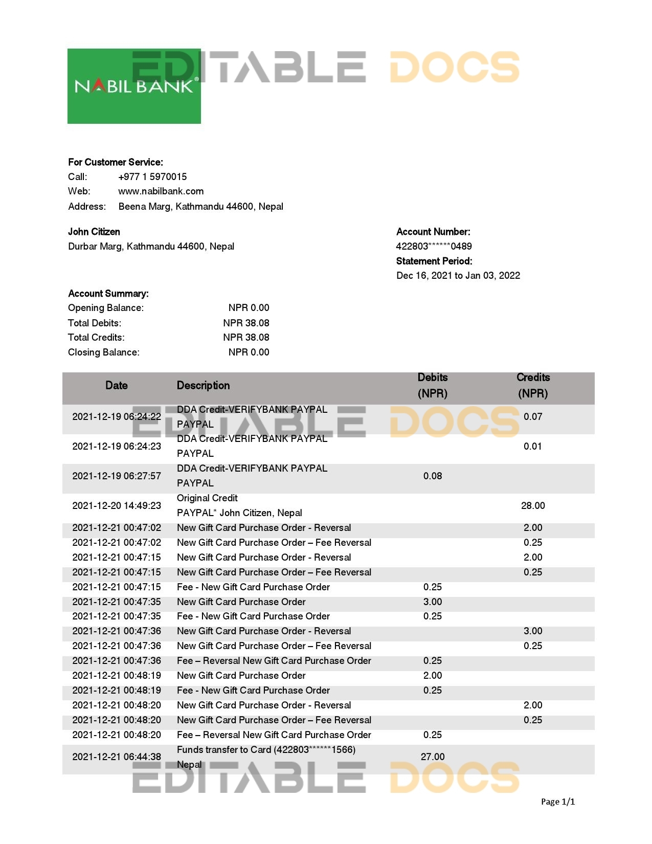 Nepal Nabil Bank bank statement template in Word and PDF format