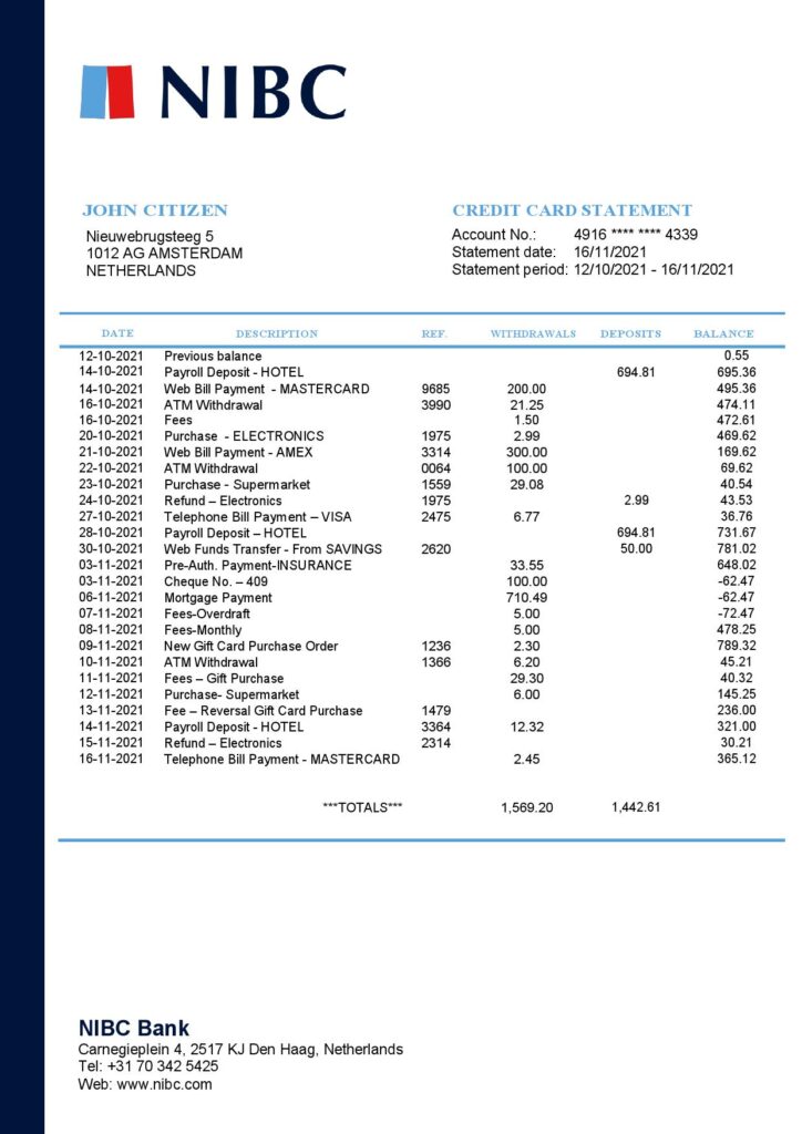 Netherlands NIBC Bank statement easy to fill template in Word and PDF format