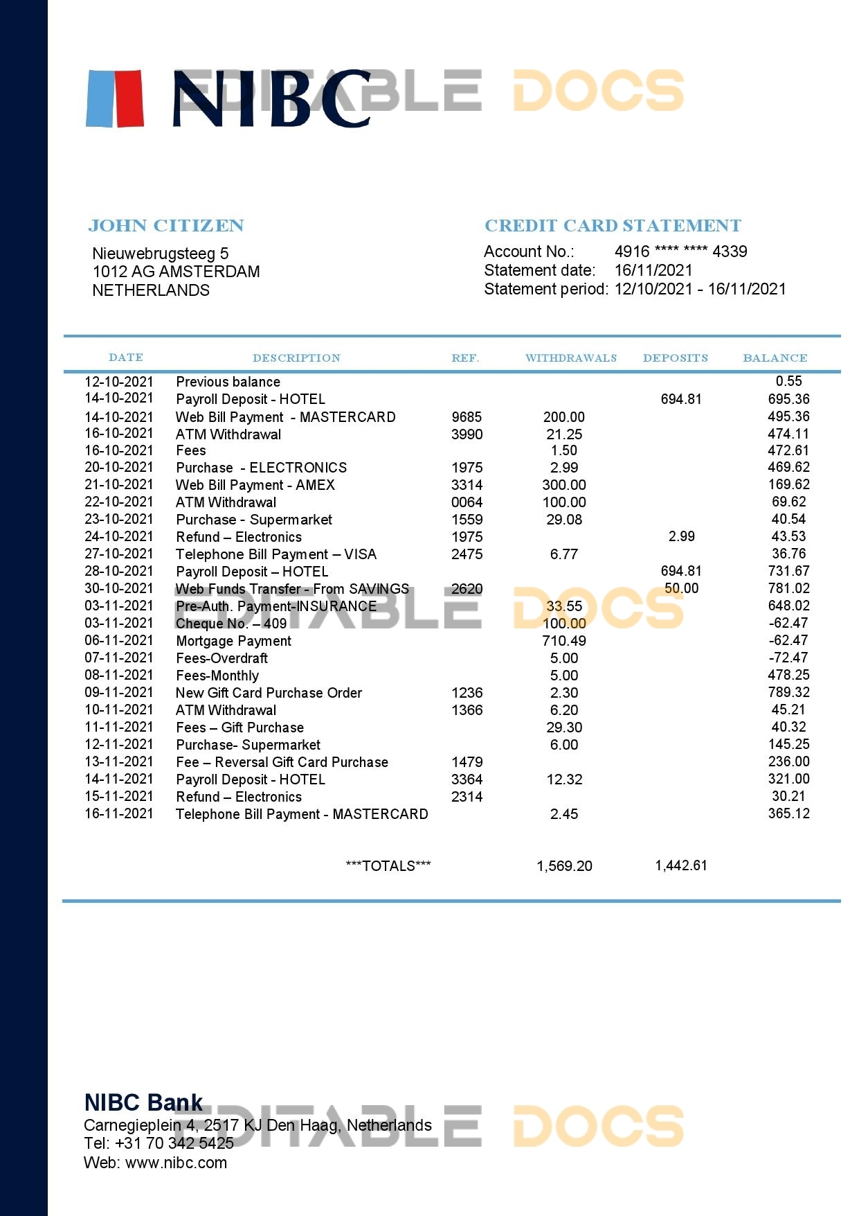 Netherlands NIBC Bank statement easy to fill template in Word and PDF format