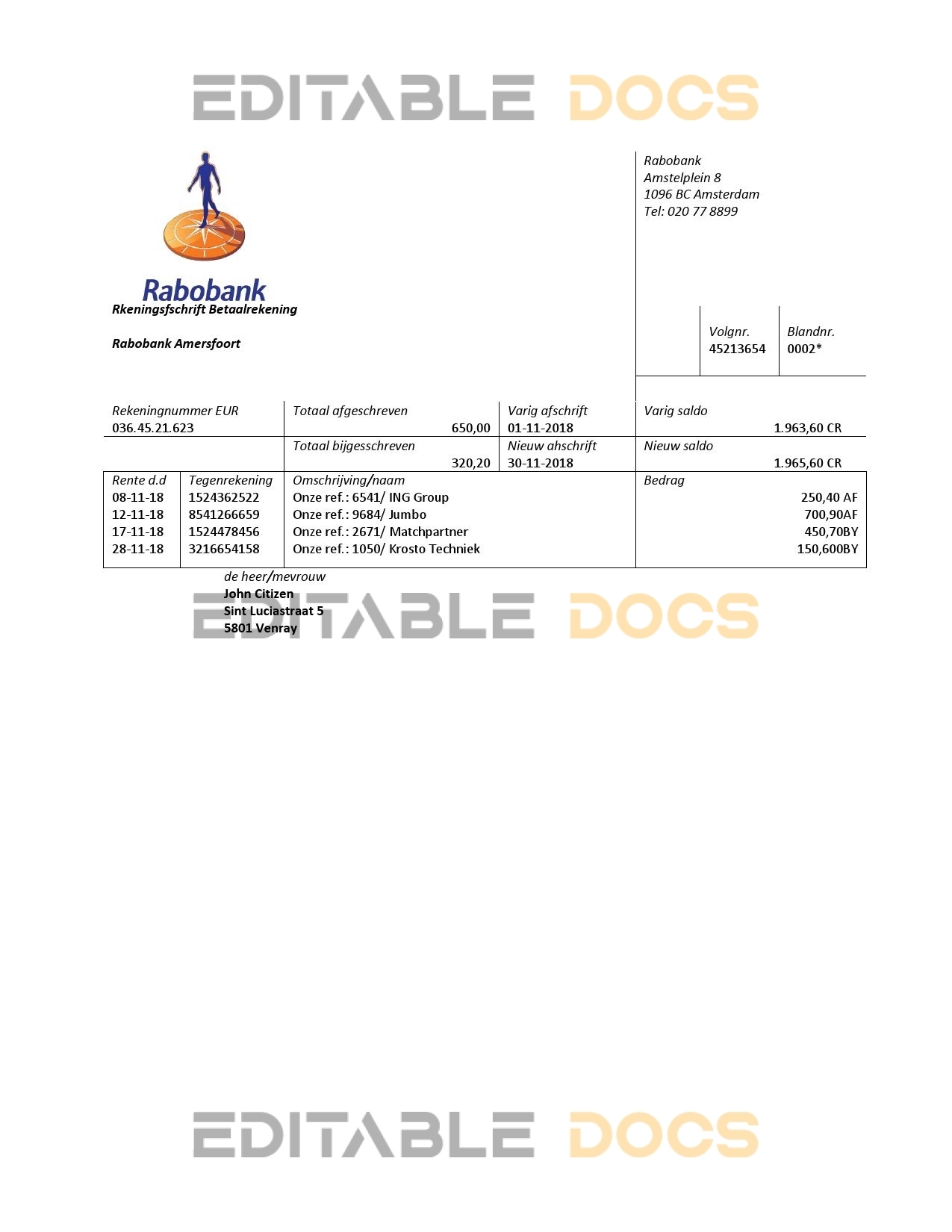 Netherlands Rabobank bank statement easy to fill template in Word and PDF format